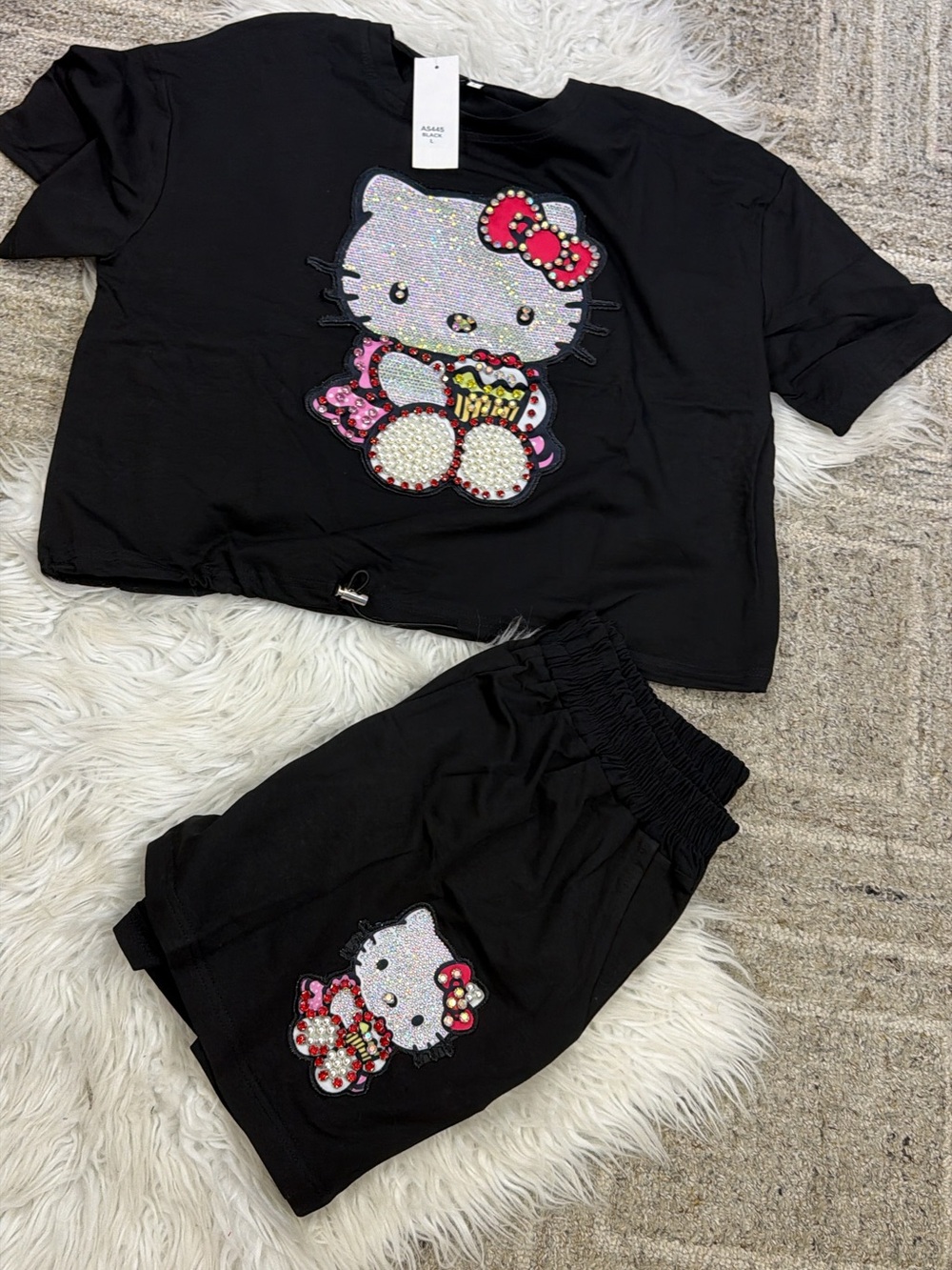 Hello Kitty Black Kids Pajama Set with Sequin & Pearl Embellishments